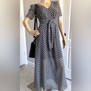 Calvin Klein Black & White Gingham Polka Dotted Long Chiffon Maxi Dress
